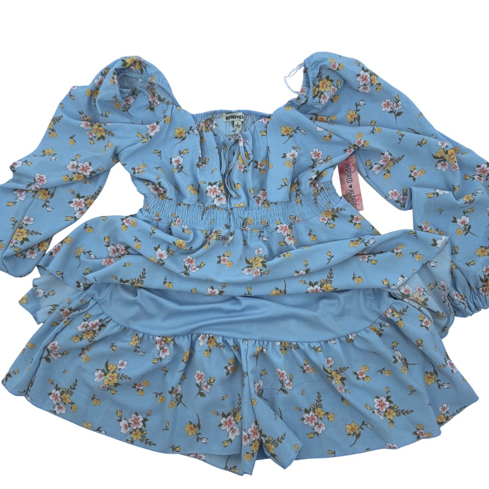 Inspired Hearts Blue Floral Long Sleeve Romper Dress Smocked Tie Women's Size L - Picture 3 of 11